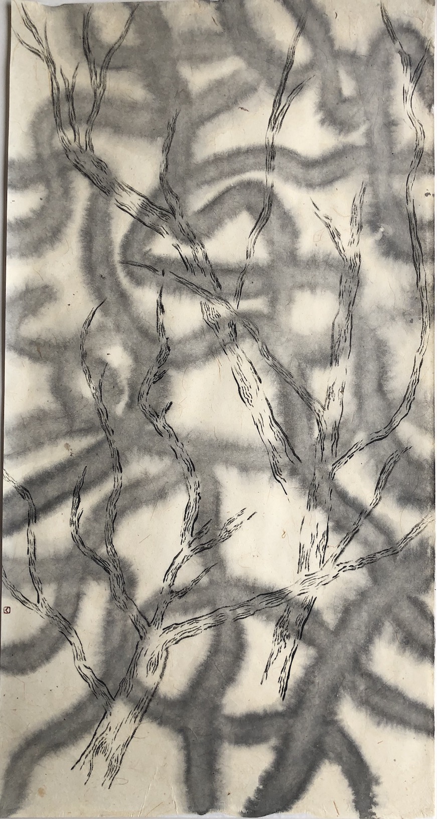Of Lines, Veins and Trees 2 Sumi ink, Getou （Shell ginger ) paper 線、木、血管 2　墨、月桃紙　2023 64 X 34 cm